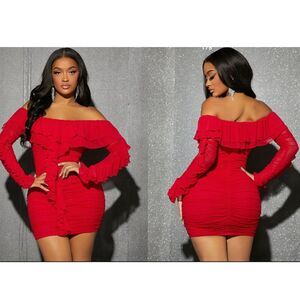 Memoriesea Mesh Long Sleeve Off Shoulder Ruched Bodycon Mini Dress Red Sz XL